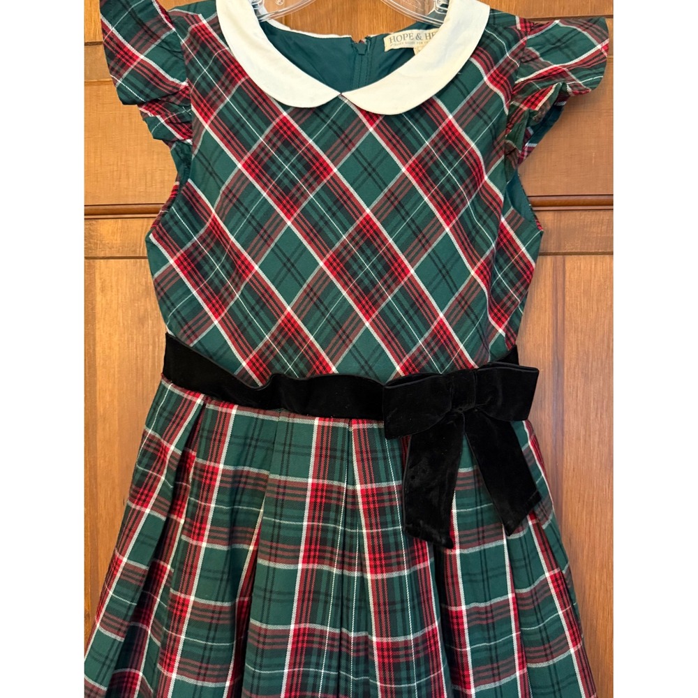 Hope & Henry Pleated Holiday Dress Girls 7 Plaid Peter Pan Collar Velvet Bow